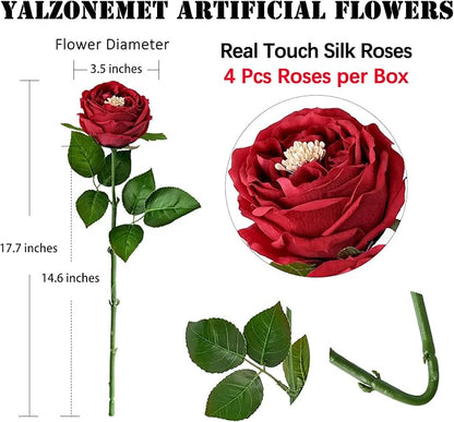YalzoneMet 3.5'' Big Bloom Red Rose Artificial Flowers 4Pcs Real Touch Rose Faux 17.7 Inch Long Stem Austen Roses Peonies Fake Flowers for Home Kitchen Party Christmas Flower Wedding Decor