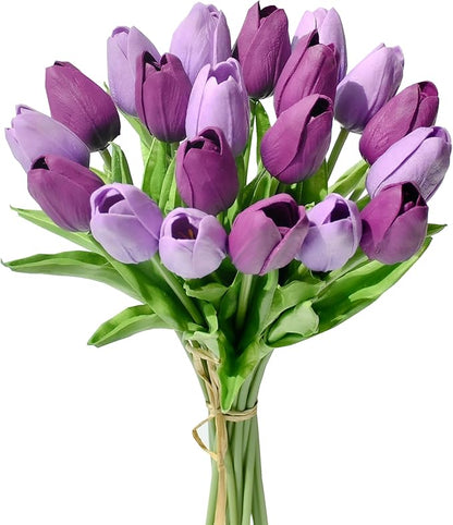 Mandy's Artificial Tulips 20 Stems Shades of Purple PU Faux Flowers for Thanksgiving and Christmas Decorations Wedding Home Decor 13.5 Inch