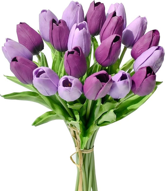 Mandy's Artificial Tulips 20 Stems Shades of Purple PU Faux Flowers for Thanksgiving and Christmas Decorations Wedding Home Decor 13.5 Inch