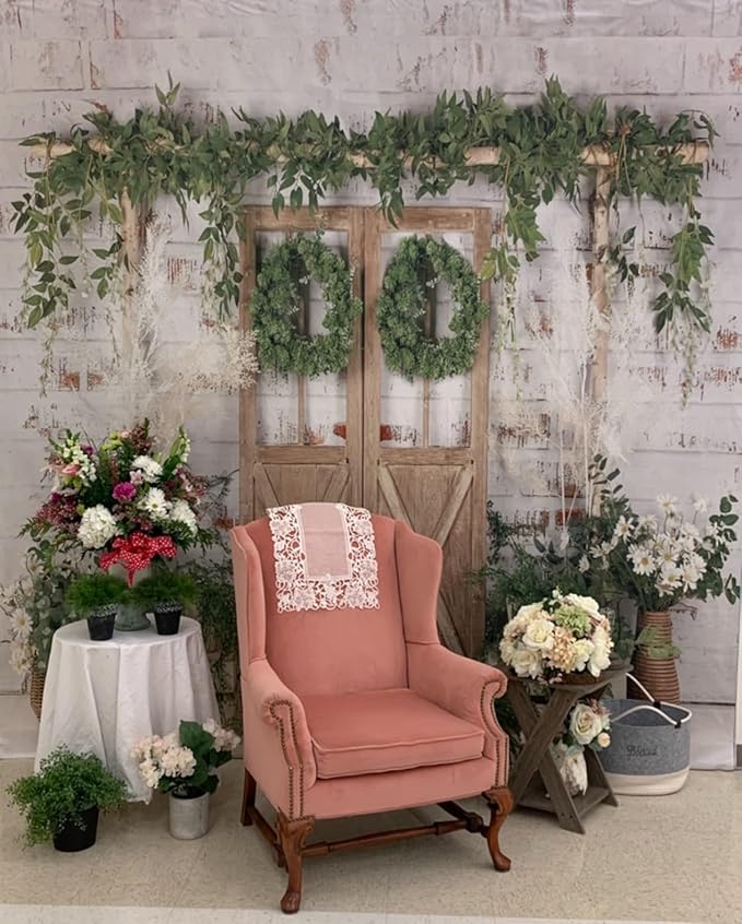 Kate Rustic White Painted Brick Wall Wood Door Photography Backdrops 10x10ft Spring Green Grass and Flowers Photo Backgrounds Baby Shower Backdrop Photoshoot Props