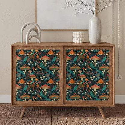 Dark Green/Brown/Teal Blue Mystical Forest Mushroom Peel and Stick Wallpaper Easy Peel Off Contact Paper Stick on Adhesive Wall Paper for Bathroom Waterproof Renter Friendly