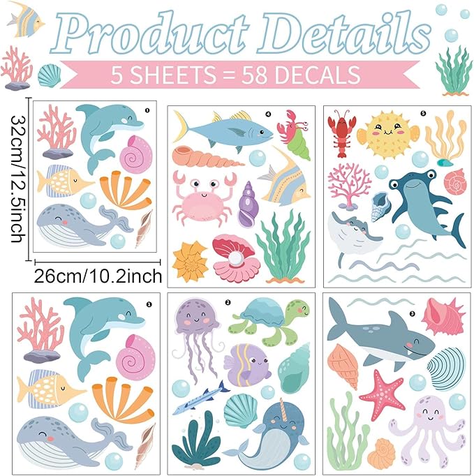 58Pcs Ocean Adventure Wall Stickers - Removable Under The Sea Nursery Decor, Peel & Stick Marine Animal Wall Decals for Kids' Bedroom & Playroom