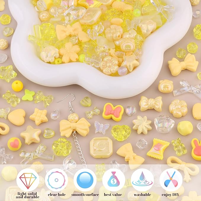 Assorted Acrylic Beads, 200-260PCS Yellow Cute Beads for Bracelet Making, GummyBear Bow Flower Candy Kawaii Charms for Jewelry Making DIY Necklace Keychain Phone Charm Christmas Gift