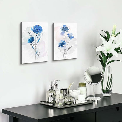 Flower Canvas Abstract Wall Art: 2 Pieces Navy Blue Floral Prints Artwork Vintage Wildflower Bouquet Botanical Picture Painting for Bedroom Living Room Bathroom Home Office