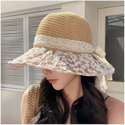 Women's Sun Shade Hat UPF 50+ - Foldable Straw Beach Cap with Lace Bow, Breathable Summer Travel Hat for Women