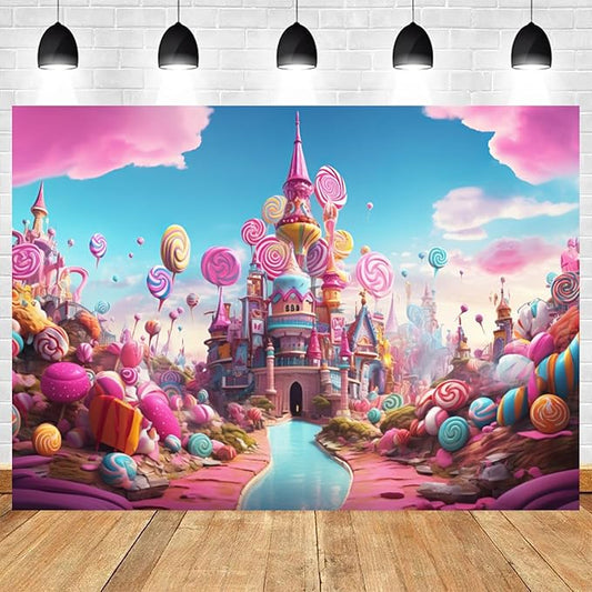 12x8ft Candyland Backdrop Sweet Candy Castle Photography Background Colorful Lollipop Blue River Cartoon Kids Birthday Banner Decorations Baby Shower Newborn Portrait Photo Booth Prop
