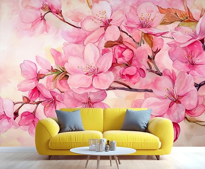 Watercolor Cherry Blossom Wall Mural, Japanese Cherry Blossom 3D Wall Murals, Simple Elegant Flowers Wallpaper Mural, for Living Room Bedroom Large Wallpaper Indoor Decor 137.8" W x100 H