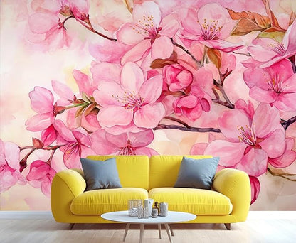 Watercolor Cherry Blossom Wall Mural, Japanese Cherry Blossom 3D Wall Murals, Simple Elegant Flowers Wallpaper Mural, for Living Room Bedroom Large Wallpaper Indoor Decor 137.8" W x100 H