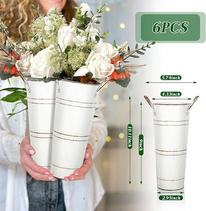 9 Inch High Galvanized French Bucket Vase with Handle 6Pcs White Metal Farmhouse Flower Vases Ideal for Dried Floral Arrangements at Home for Weddings Gift Spa and Aromatherapy Settings O4