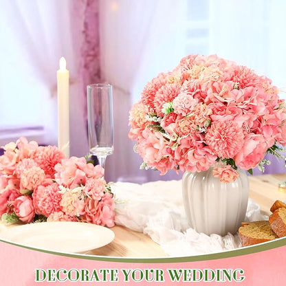 Tigeen Artificial Flowers Artificial Peonies Silk Flowers Faux Peony Fake Peony Silk Hydrangea Bouquet for Wedding Table Centerpiece Floral Vase Decor(Rose Pink,12 Bundles)