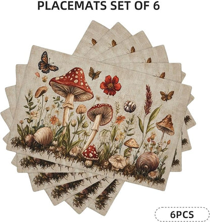 Rustic Mushroom Placemats Set of 6 Washable Table Mats Vintage Botanical Leaf Heat-Resistant Cotton Linen Place Mats for Dining Table Kitchen Indoor Outdoor Party Holiday Decor