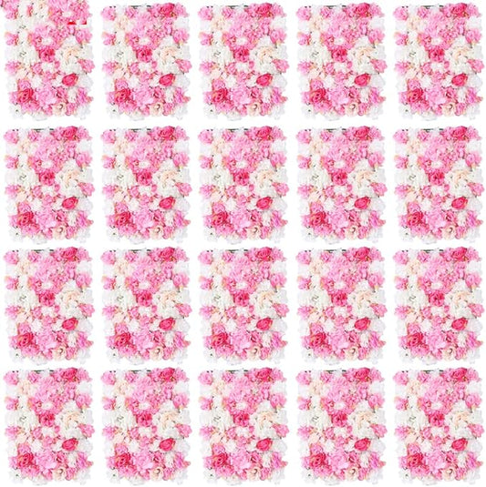 20 Pack Artificial Flower Wall Panels 24" x 16" Pink&White Faux Hydrangea and Rose Artificial Flower Backdrop Panels for Wedding Party Event Flower Wall Decor