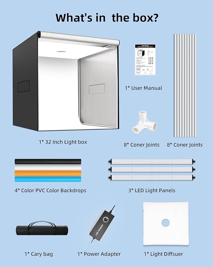 Glendan 32"x32" Light Box Photography, Large Photo Light Box with 3 Light Panels, 792 LED Beads, CRI >95, Professional Photo Booth Shooting Tent Kit with 4 Color Backdrops for Product Photography