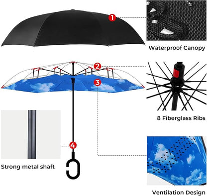 Inverted Umbrella, 49 Inch Double-Layer Vented Reverse Umbrella, Windproof Waterproof UV Protection, Lightweight C-Handle, Fiberglass Ribs, Steel Shaft, Travel/Commute/Car Use, With Sleeve
