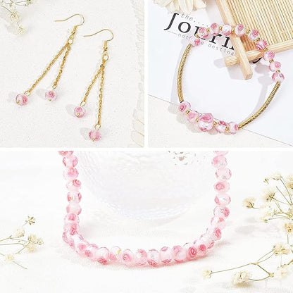 PH PandaHall 70pcs 6~8mm Rose Lampwork Beads Silver Foil Glass Beads Flower Glass Beads Floral Handmade Lampwork Beads Round Loose Beads for Rosary Making Jewelry Craft Making 2mm Hole - Sliver Pink