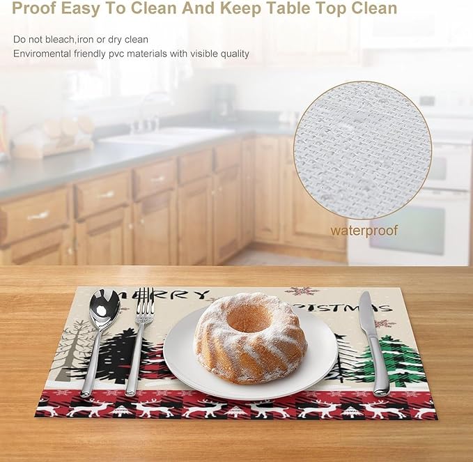 Christmas Placemats Rustic Farmhouse Red Buffalo Plaid Elk Christmas Tree Winter Snowflake Placemats Table Kitchen Dining Party 12x18 Inch Set of 4