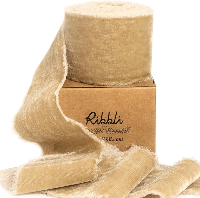 Ribbli Light Champagne Velvet Ribbon 2 Inch Handmade Frayed Vintage Christmas Ribbon for Gift Wrapping Christmas Tree Ornament Wreath Craft Home Decor-3 Yards