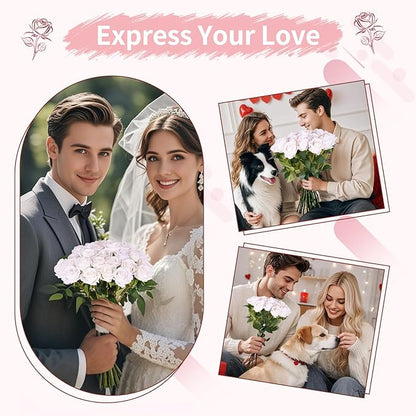 6 PCS White Roses Artificial Flowers, Fake White Roses Bouquet,White Artificial Silk Roses with Stems for Wedding Flowers Decoration, Valentines Day Mothers Day, Bridal Bouquet Roses
