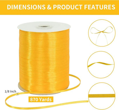 TONIFUL 1/8 Inch x 870 Yards Gold Thin Solid Satin Ribbon Giant Spool Double Face Woven Polyester Ribbons for Crafts Hanging Tags Invitation Card Balloons Hair Gift Wrapping Party Decoration