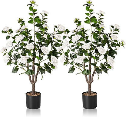 Artificial Camellia Tree,2Pack 3.6FT Faux White Camellia Plants in Pots,Lifelike Artificial Flower Trees for Indoor Outdoor Home Decor,Realistic Blooming Faux Plants for Living Room Porch Patio Office