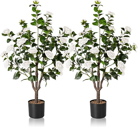 Artificial Camellia Tree,2Pack 3.6FT Faux White Camellia Plants in Pots,Lifelike Artificial Flower Trees for Indoor Outdoor Home Decor,Realistic Blooming Faux Plants for Living Room Porch Patio Office