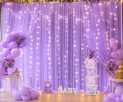 Lavender Tulle Photo Backdrop Curtain with Lights String for Parties Wedding Bridal Shower Sheer Lavender Curtain Backdrop for Birthday Party Baby Shower Photo Booth Photography 20ft x 10ft