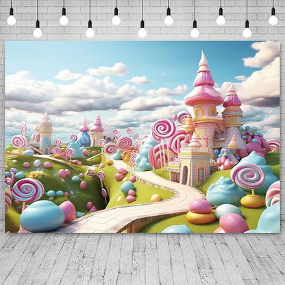 20x10ft Candyland Backdrop Fantasy Candy Castle Photography Background Sweet Lollipop Dream Blue Sky White Cloud Kids Birthday Banner Decorations Baby Shower Newborn Portrait Photo Booth Prop