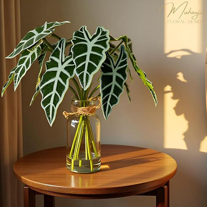 Artificial Flowers Turtle-Back, Alocasia Leaf, in Glass Vase with Faux Water,7Pcs Artificial Leaves Real Touch Latex Leaves for Centerpiece (2, Turtle-Back&Alocasia Leaves)