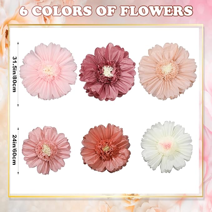 Giegxin 6 Pcs 31.5 " 24 " Pink Giant Paper Flowers Decorations for Wall Extra Large Pink Floral Tissue Paper Flower Floral Decoration for Mexican Fiesta Wall Wedding Bridal Shower Birthday Decor