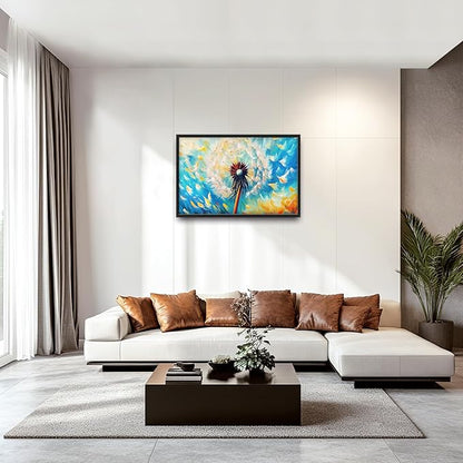 Extra Large Abstract Dandelion Framed Wall Art for Living Room,Oversized Colorful Dandelion Flower Pictures Wall Decor,Blue Canvas Print Painting Modern Artwork Bedroom Office Bathroom 36L x 24W