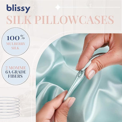 Blissy Silk Pillowcase - 100% Pure Mulberry Silk - 22 Momme 6A High-Grade Fibers - Silk Pillow Cover for Hair & Skin - Regular, Queen & King (Mint, Standard)