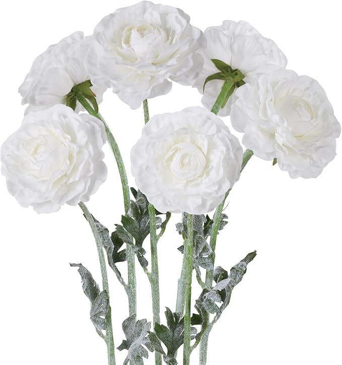 6Pcs White Ranunculus Artificial Flowers 19.7’’ Realistic Faux Ranunculus Silk Peonies with Stems for Wedding Bouquet Home Kitchen Party Garden Indoor Decoration(White)
