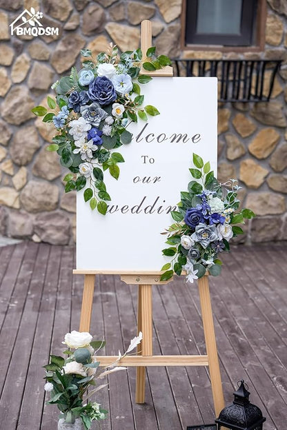 Wedding Welcome Signs Floral(Pack of 2)，Wedding Arch Flowers for Wedding Decorations and Reception Backdrop Decoration (Blue)