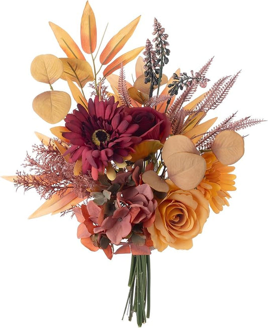 Fake Silk Flowers Bouquet Faux Centerpieces with Roses, Gerberas, Hydrangea etc, Realistic Artificial Floral Arrangements for Home Kitchen Decor
