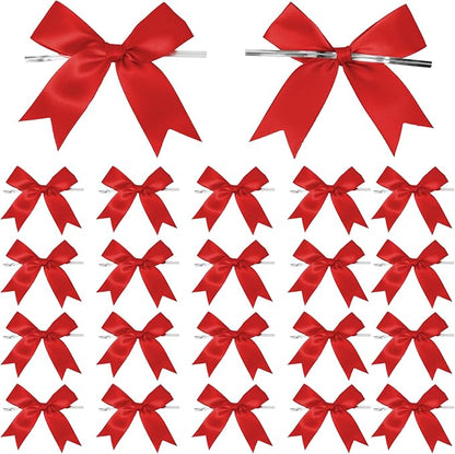 50 Counts Red Twist Tie Bows 3.1" Pre-Tied Satin Ribbon Bow Decor Mini Twist Tie Bows for Gift Wrapping Treat Bags Cake Bridal Baby Shower Birthday Party Favors Wedding Decorations
