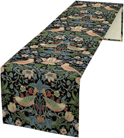 William Morris Floral Table Runner, Strawberry Thief Birds in Green and Blue Table Runner for Home Kitchen Dining Table Decoration,13x120 Inch