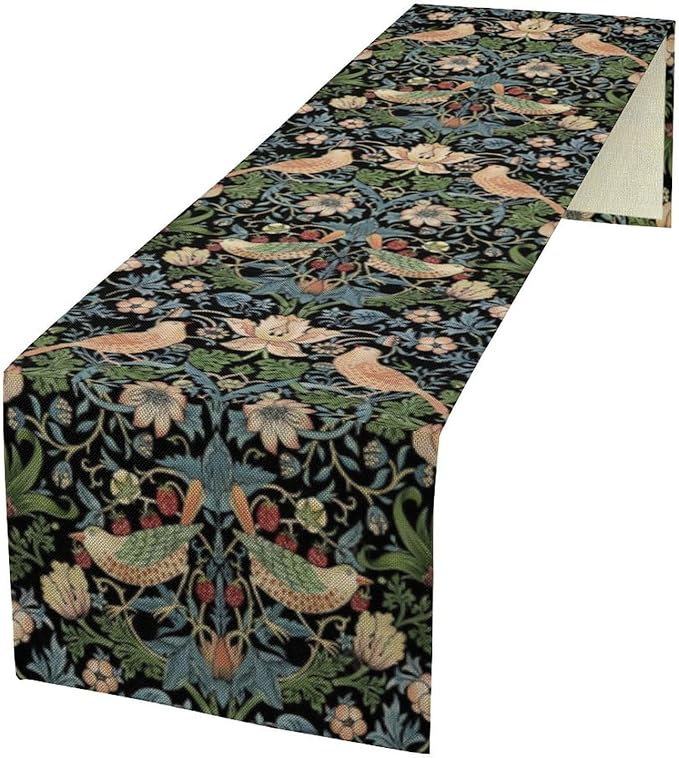 William Morris Floral Table Runner, Strawberry Thief Birds in Green and Blue Table Runner for Home Kitchen Dining Table Decoration,13x90 Inch