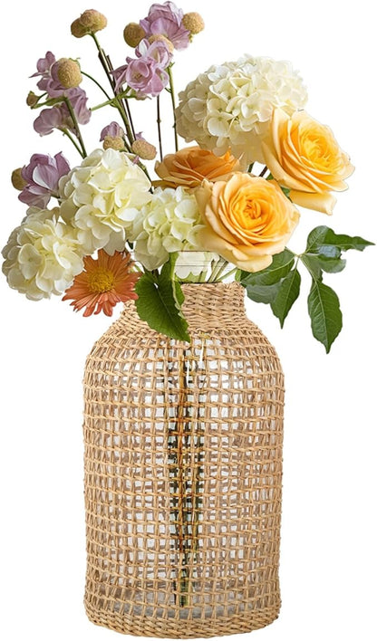 Rattan Glass Vase, 8 in Woven Vase, Glass Vase Wrapped with Wicker, Indoor and Outdoor Use, Rustic Style, Ideal for Home Decor