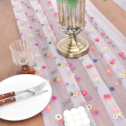 Joanlody Ivory Embroidery Daisy Christmas Table Runner 10ft Florals Seasonal Tulle Table Runner Holiday Kitchen Dining Table Decoration for Home Party Indoor