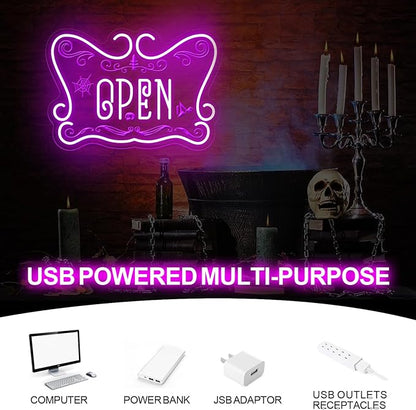 Gothic Open Neon Sign LED Wall Light for Witchy Shop Spooky Café Halloween Decor Crystal Store Tattoo Studio and Mystic Boutique Room Game Kids Room Man Cave Party Decor Party Supply Ba