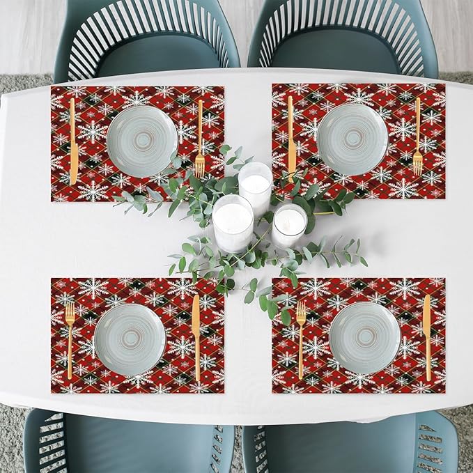 Christmas Xmas Waffle Art Snowflake Placemats Set of 6 PVC Vinyl Non Slip Table Mats Heat Resistant Place Mats Washable Wipeable Dining Table Mat for Kitchen Decor Party Indoor Outdoor Decorative Gift