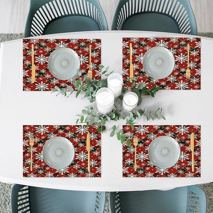 Christmas Xmas Waffle Art Snowflake Placemats Set of 1 PVC Vinyl Non Slip Table Mats Heat Resistant Place Mats Washable Wipeable Dining Table Mat for Kitchen Decor Party Indoor Outdoor Decorative Gift