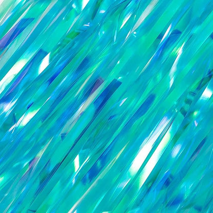 BRAVESHINE Iridescent Blue Foil Fringe Backdrop - 2 Pack 3.2x6.5 ft Holographic Tinsel Streamers Curtains for Christmas/Frozen/Winter’s Snowflake/Birthdays/Mermaid/Sea/Baby Party Decorations