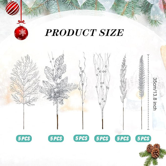 30 Pcs Artificial Christmas Tree Picks and Sprays Glitter Berry Stem Branches Holly Floral Picks Twigs Christmas Tree Ornaments for DIY Xmas Wreath Vase Filler Decorations(Silver)
