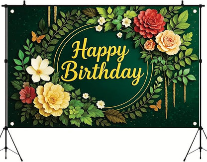 Greenery Birthday Backdrop Green Floral Banner Butterfly Happy Birthday Photography Background for Women Girls Lady Newborn Baby Shower Party Supplies Photo Booth Props 71 x 43 Inch