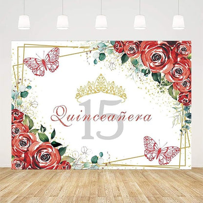 SENDY 10x7ft Quinceañera Backdrop Mis Quince 15 Anos Birthday Party Decoration Supplies for Girl Princess Red Floral Flowers Butterfly Gold Crown Photography Background Banner Photo Booth Studio Props