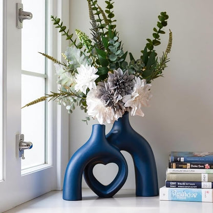 Snuggle Hollow Decorative Ceramic Vase, 8.3 Inch Hug Donut Modern Nordic Boho Style Vases for Aesthetic Home Decor, Anthropologie Living Room Shelf Coffee Table Décor (Navy Blue)