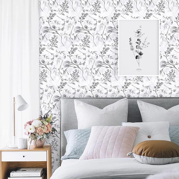 Orainege Gray Floral Peel and Stick Wallpaper - Self Adhesive Contact Paper, Waterproof, 17.7 in 393.7 in - Removable for Bedroom, Bathroom, Cabinets Decor
