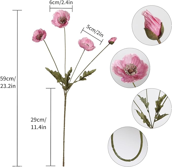 IPOPU Pink Artificial Poppy Silk Flowers 6pcs for Decoration - Faux Flowers With Stems for Wedding Centerpieces, Tables, Bridal Shower Party Decorations