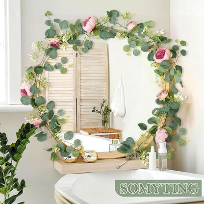 SOMYTING Artificial Flowers Garland 6FT Eucalyptus Flower Garlands Vintage Peony Rose Vine Faux Floral Garland for Wedding Party Arch Table Wall Backdrop Decoration (Vintage Pink, 4PCS)